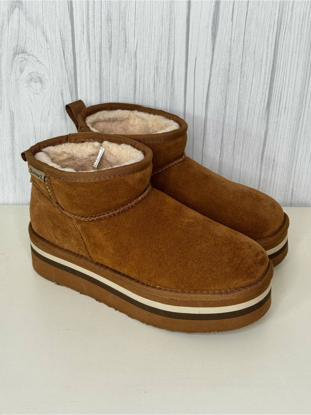 BearPaw Tan Suede Shearling-Lined Slip-On Boot